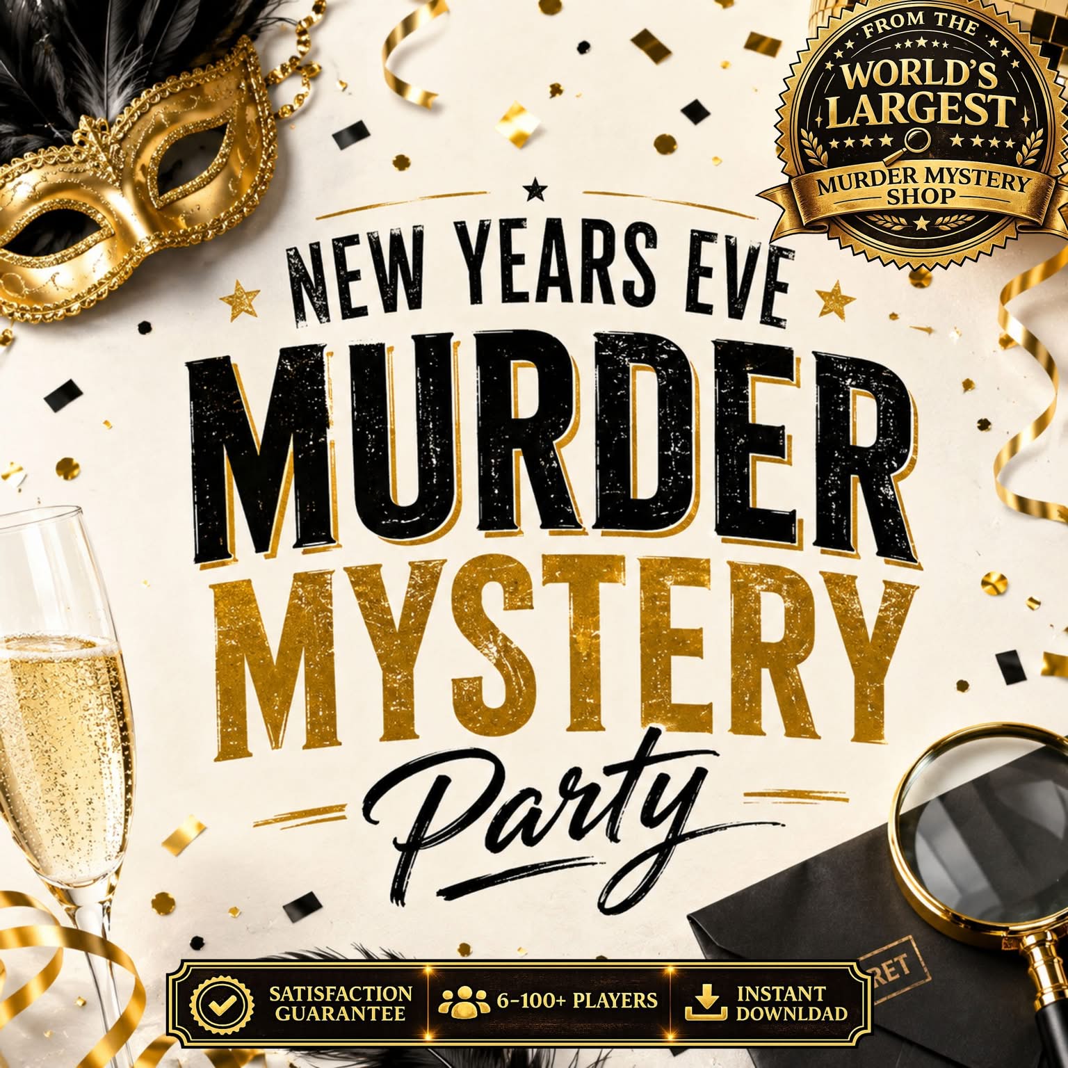 New Year's Eve Murder Mystery Party Game for Adults, Printable Black and Gold New Years Eve Mystery Game for 6-100+ Players