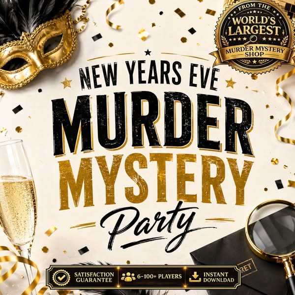 New Year's Eve Murder Mystery Party Game for Adults, Printable Black and Gold New Years Eve Mystery Game for 6-100+ Players